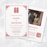 QR Code Photo | Red White Chinese Wedding Einladung<br><div class="desc">This elegant Chinese wedding invitation features a red double happiness symbol and a red Chinese fram. Bride and groom names in an elegant modern font. Chinese wedding invitation or tea ceremony invitation. With a scannable qr code and a photo at the backside.</div>