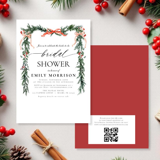 QR Code Pine Bow Christmas Bridal Shower Einladung (Von Creator hochgeladen)