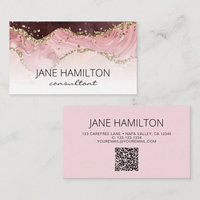 QR Code Pink Agate Marble Carte de visite (Devant / Derrière)