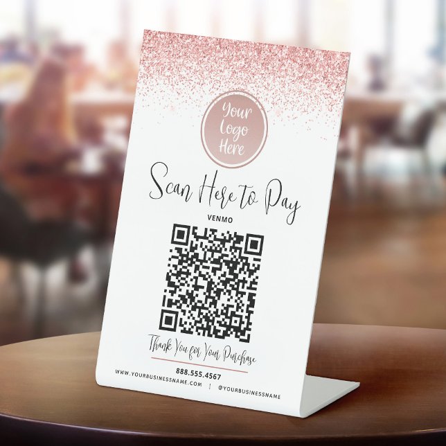 QR-Code Pink Glitzer Custom Logo Pay Hier Weiß Sockelschild (Von Creator hochgeladen)