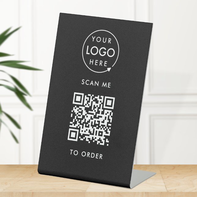 QR Code Place Order | Black Business Logo Sockelschild (Interactive "scan to order" QR code table signs for restaurants, bars, cafes & hospitality events.)