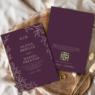 QR Code Plum Lila & Gold Minimal Leaf Wedding Einladung