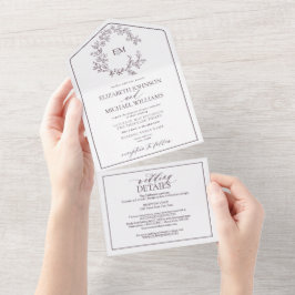 QR-Code Plum Lila Wappen Monogramm Hochzeit All In One Einladung