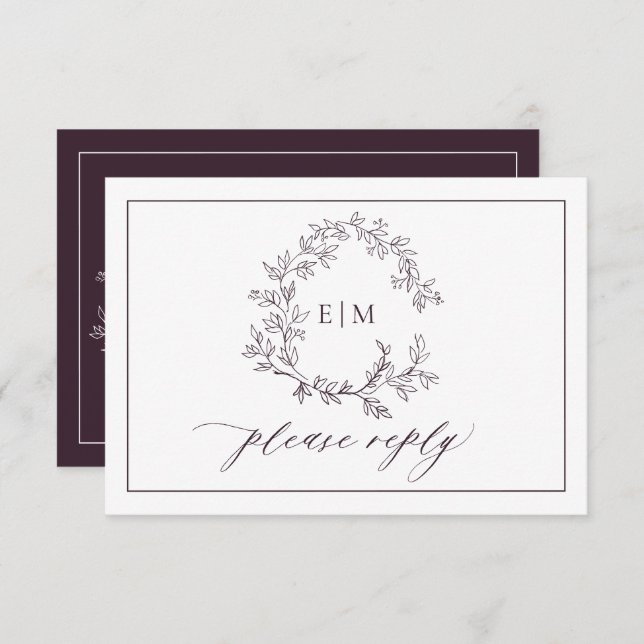 QR-Code Plum Lila Wappen Monogramm Hochzeit RSVP Karte (Vorne/Hinten)