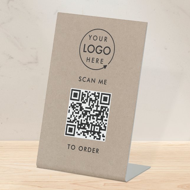QR-Code-Prüfung auf Bestellung | Rustikale Kraft-K Sockelschild (Interactive "scan to order" QR code table signs for restaurants, bars, cafes & hospitality events.)