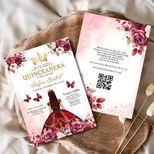 QR Code Quinceanera Bloral Burgundy Princess Einladung