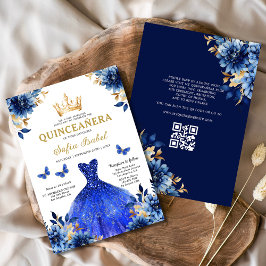 QR Code Quinceanera Floral Royal Blue Princess Einladung