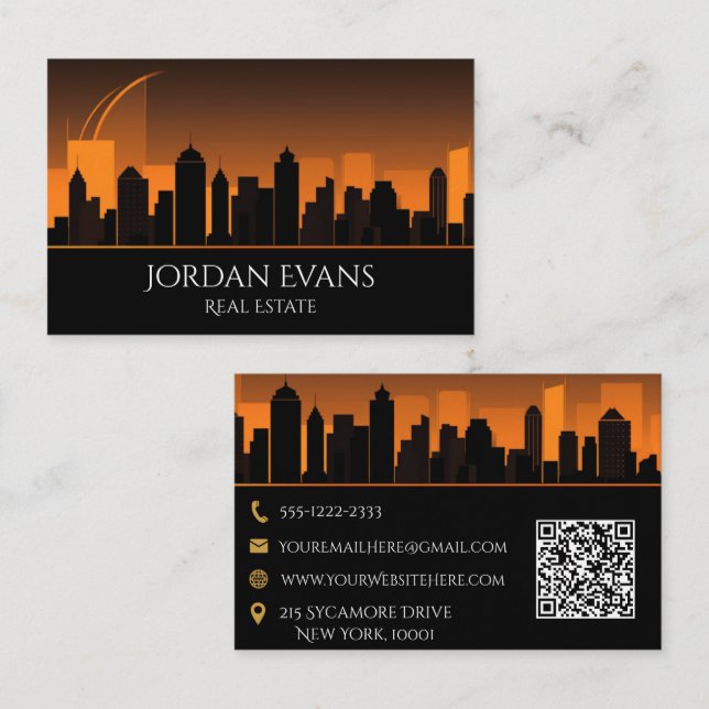 QR Code Real Anwesen City Skyline Orange und Black Visitenkarte (Vorne/Hinten)