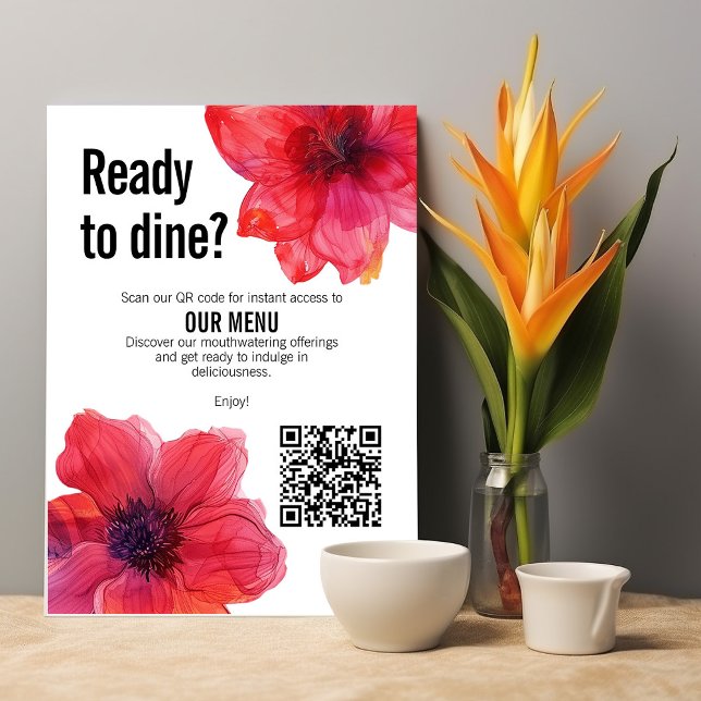 QR-Code Red Anemone Dreamscape Wedding Menükarte (Stunning QR code Red Anemone Dreamscape Wedding Menu with custom text at the back.)