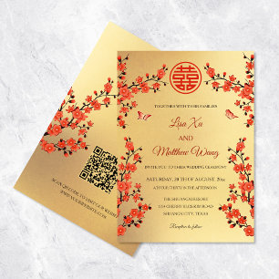 QR Code Red Cherry Blossom   Chinesische Hochzeit Einladung