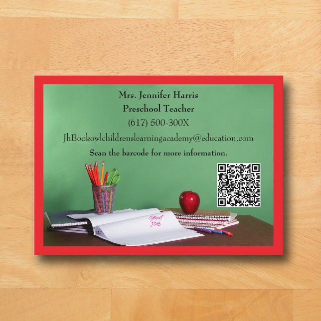 QR Code Red Grade School Preschool Teacher  Visitenkarte (Red Business Card for Teacher )