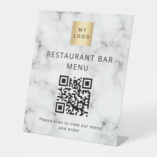 QR-Code Restaurant Café Bar Scan Menü Logo Marmor Sockelschild (Vorderseite)