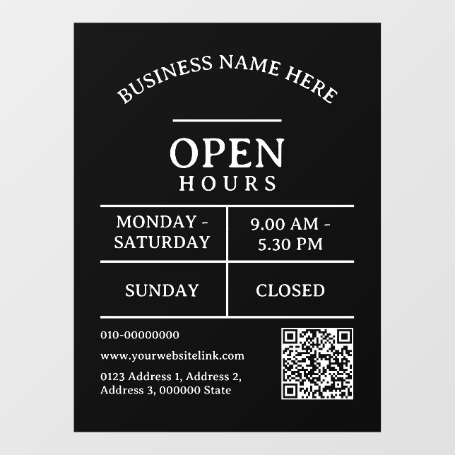 QR Code Restaurant Salon Business Open Hours Dours Fensteraufkleber (Blatt)