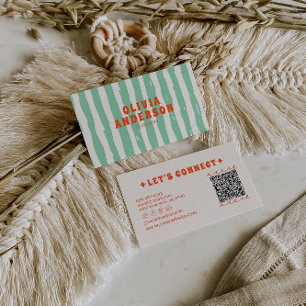 QR Code Retro Green Boho Groovy Einzigartiger Tren Visitenkarte