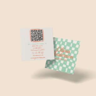 QR Code Retro Green Hand Drawn Checkered Groovy Quadratische Visitenkarte