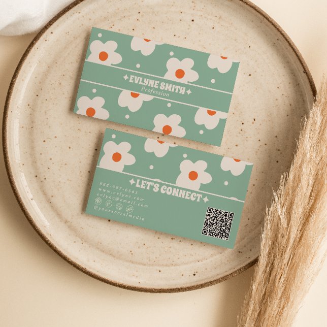 QR-Code Retro Grün Groovy Floral Boho Einzigartig  Visitenkarte (Von Creator hochgeladen)
