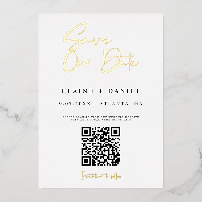 QR-Code Rette unser Date Foto Gold Folieneinladung (Vorderseite)