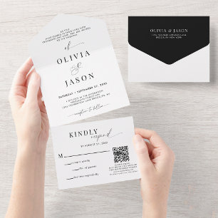 QR-Code Romantische Schrift Schwarz Weiße Hochzeit All In One Einladung