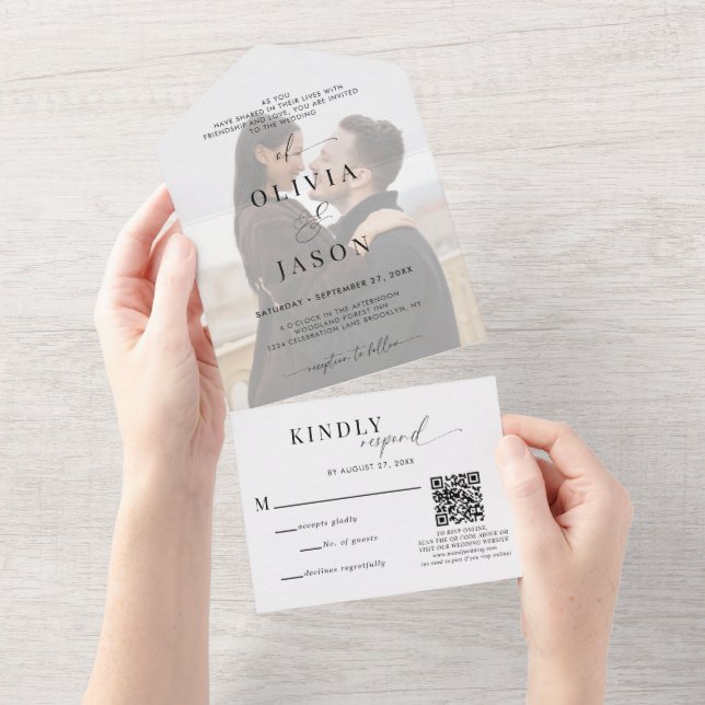 QR-Code Romantische Skripterfassung Schwarz-weißes All In One Einladung (Abreißen)