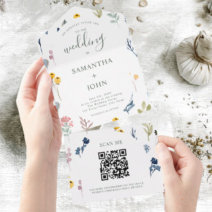 QR Code Romantische Wildblume Typografie Hochzeit All In One Einladung