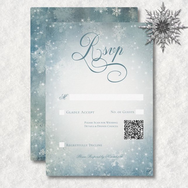 QR-Code: Romantischer Snow Blue & White Sparkle RSVP Karte (Romantic Falling Snow Blue & White Sparkle QR Code RSVP Card)