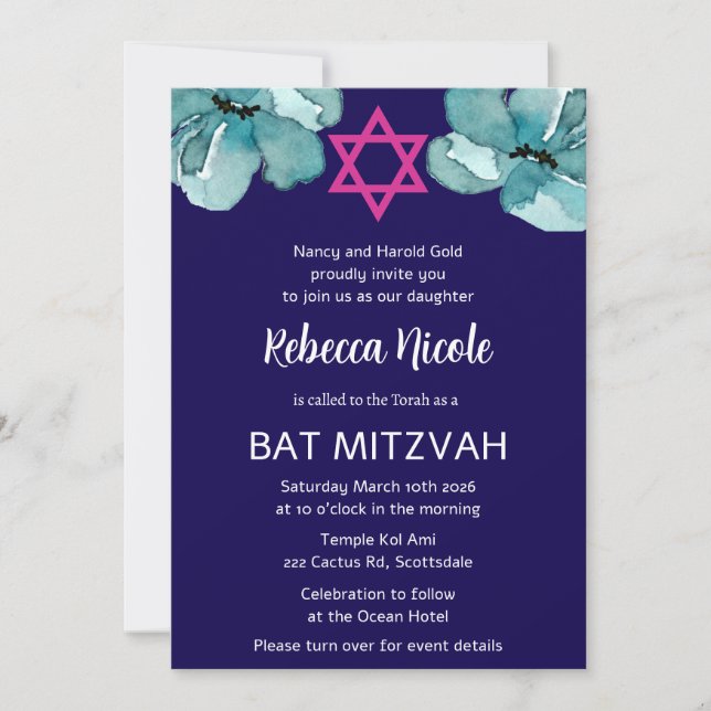 QR-Code Rosa Aquarell Floral Bat Mitzvah Einladung (Vorderseite)
