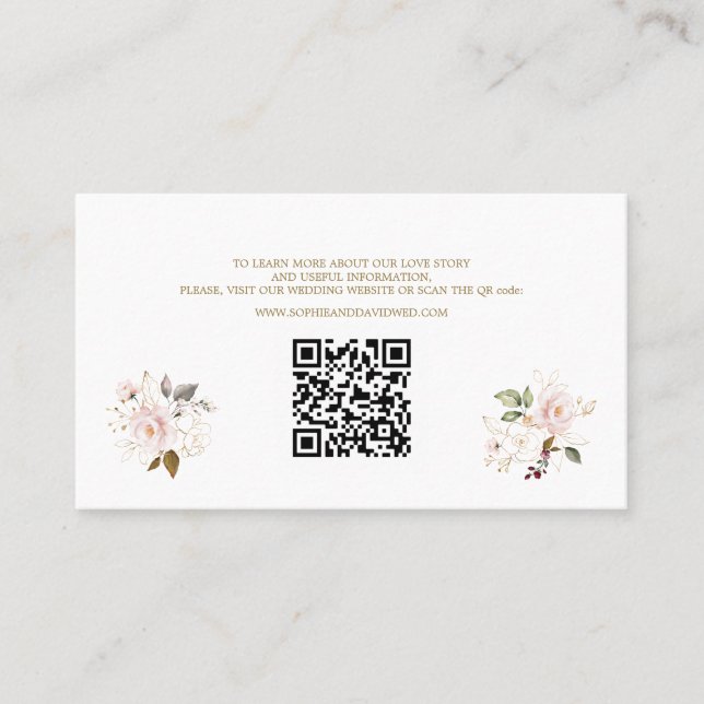 QR Code Rosa Blush Gold Floral Wedding Website Visitenkarte (Vorderseite)