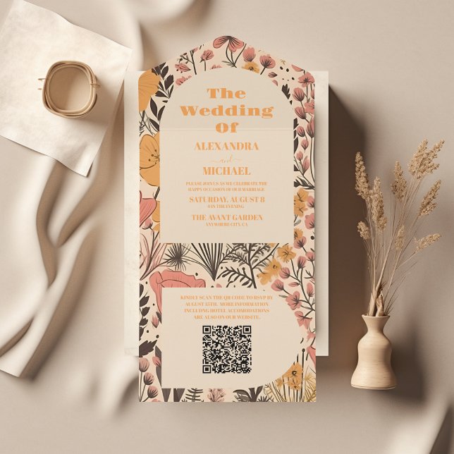 QR-Code Rosa Gelborange Wildblumen Hochzeit All In One Einladung (Von Creator hochgeladen)
