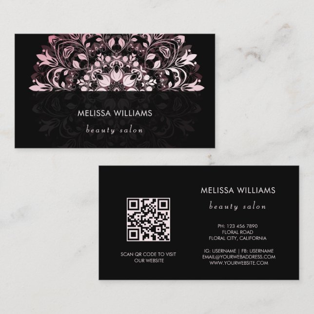 QR-Code | Rosa glänzendes schwarzes florales Manda Visitenkarte (Vorne/Hinten)