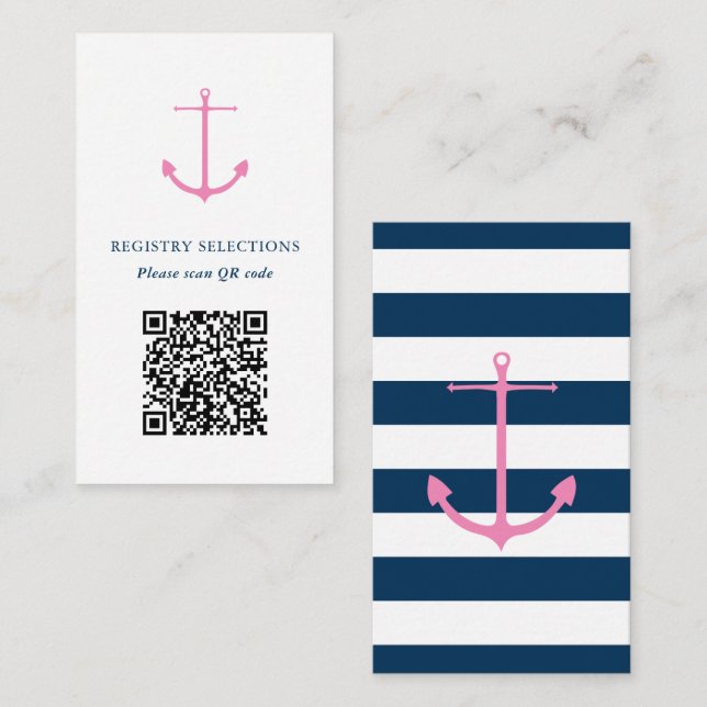 QR-Code Rosa Navy Nautic Brautparty Registry Begleitkarte (Vorne/Hinten)