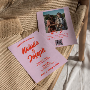 QR-Code Rosa Orange Helle Funky-Foto-Hochzeit Einladung