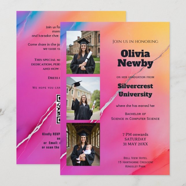 🎓 QR-Code Rosa Regenbogen-Marmorkugel Abschlussfe Einladung (Vorne/Hinten)