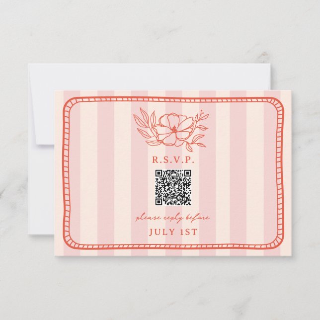 QR Code Rosa Streifen Blumenzange QR UAWG RSVP Karte (Vorderseite)