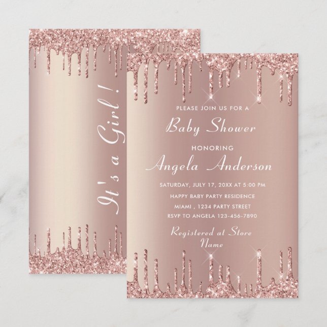 QR Code Rose Gold Baby Girl Dusche Einladung (Vorne/Hinten)