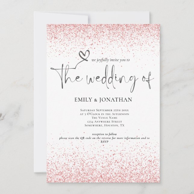 QR Code Rose Gold Glitzer Borders Wedding Einladung (Vorderseite)