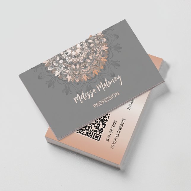 QR-Code | Rose Gold Gray Floral Mandala Visitenkarte (Von Creator hochgeladen)