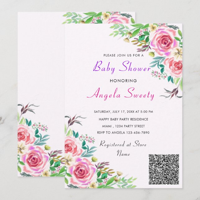 QR Code Rose Kinderdusche Einladung (Vorne/Hinten)