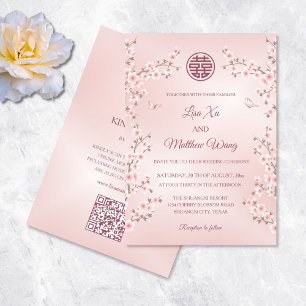 QR-Code Röte Rosa Blüten Chinesische Hochzeit Einladung