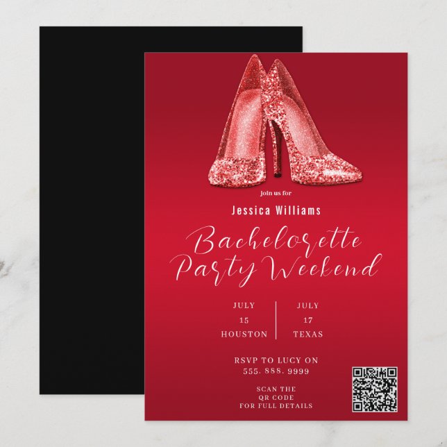 QR CODE Roter Glitzer Schuhe Bachelorette Einladung (Vorne/Hinten)