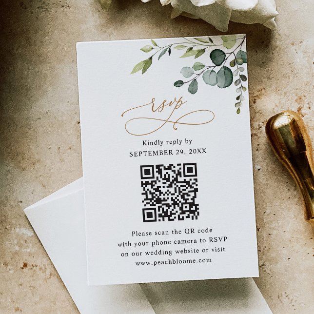 QR Code Rustikale Eukalyptus Greenerity Gold Weddi RSVP Karte (Von Creator hochgeladen)