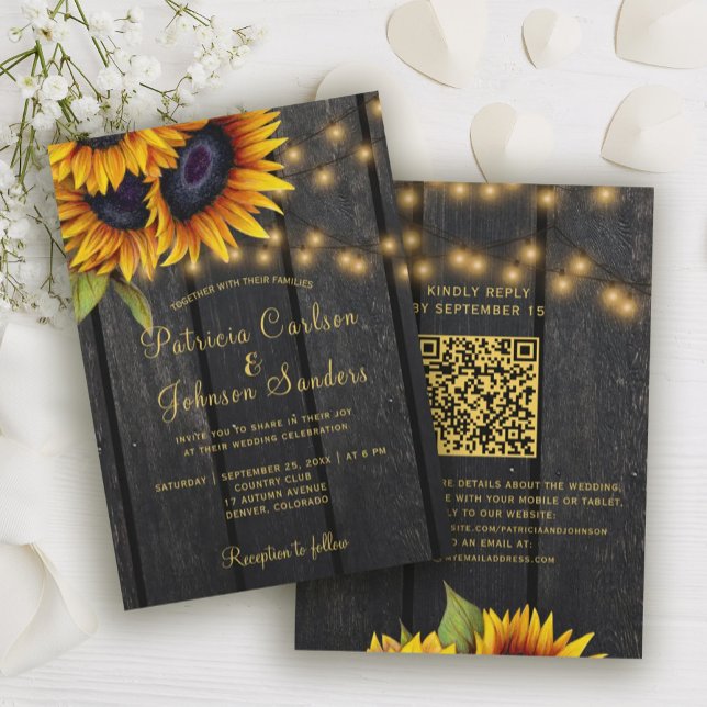 QR-Code rustikale Sonnenblume in einer Hochzeit Einladung (Von Creator hochgeladen)