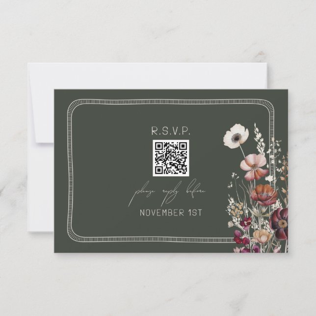 QR-Code Rustikales Anemone florale Green Wedding R RSVP Karte (Vorderseite)