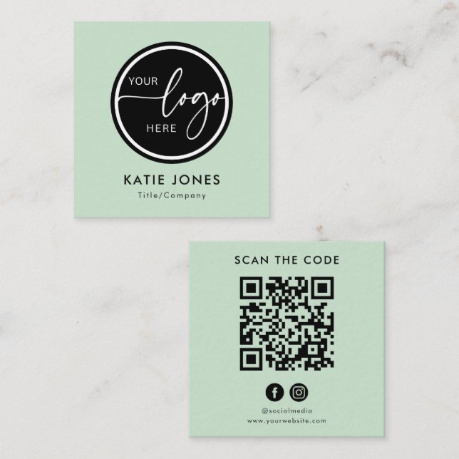 QR-Code Sage Green Benutzerdefiniertes Logo Code s Quadratische Visitenkarte (Vorne/Hinten)