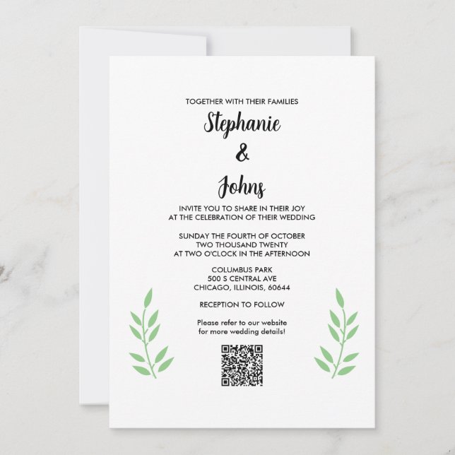 QR Code Sage Green Blätter Black Script Hochzeit Einladung (Vorderseite)