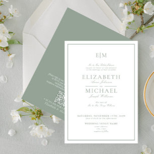 QR Code Sage Green Classic Script Monogram Wedding Einladung