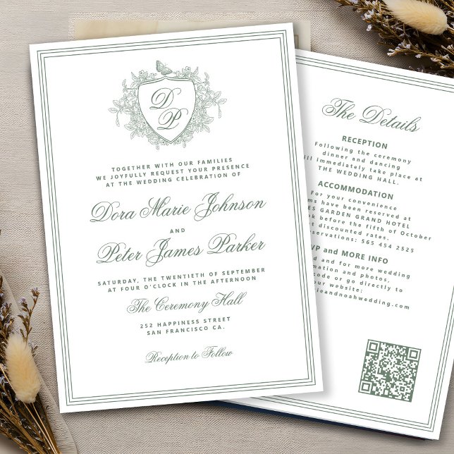 QR code sage green crest monogram wedding Einladung (Von Creator hochgeladen)