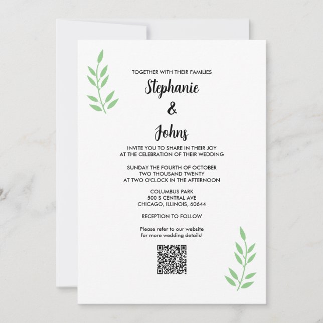 QR Code Sage Green Leaf Black Script Hochzeit Einladung (Vorderseite)