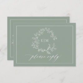 QR-Code Sage Green Leafy Wappen Monogram Wedding RSVP Karte