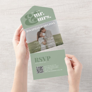 QR-Code   Sage Green Overlay Foto Script Hochzeit All In One Einladung