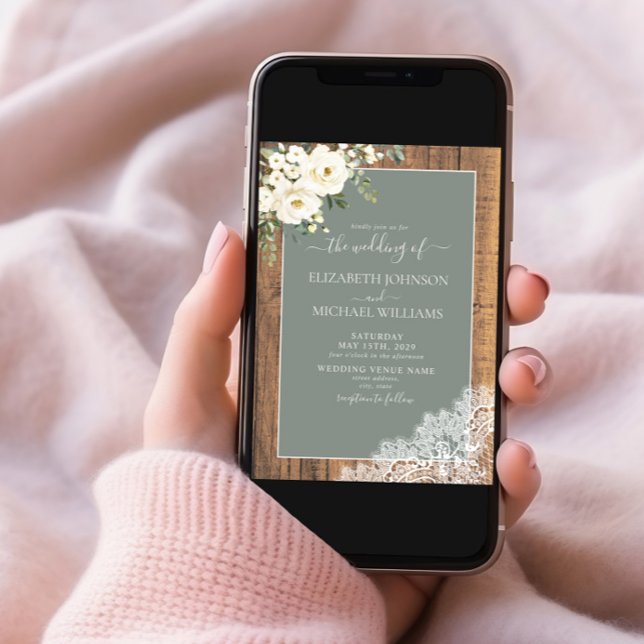 QR Code Sage Green Rustic Wood Script Wedding Invi Einladung (Von Creator hochgeladen)